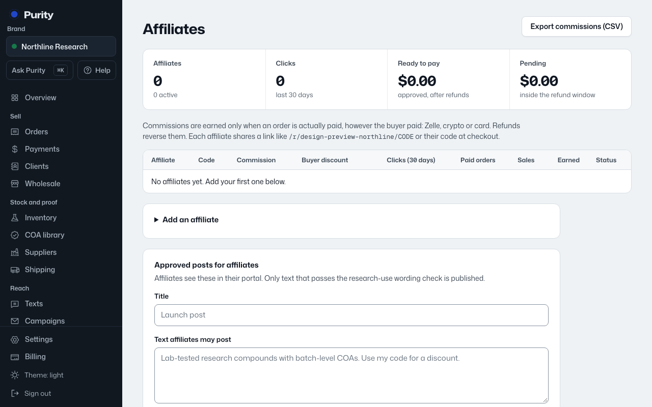 The Affiliates screen in Purity, with example data