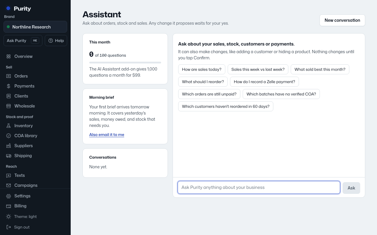 The Ask Purity screen in Purity, with example data