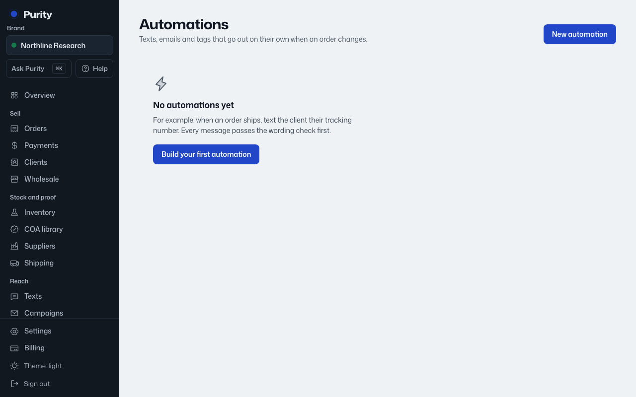 The Automations screen in Purity, with example data