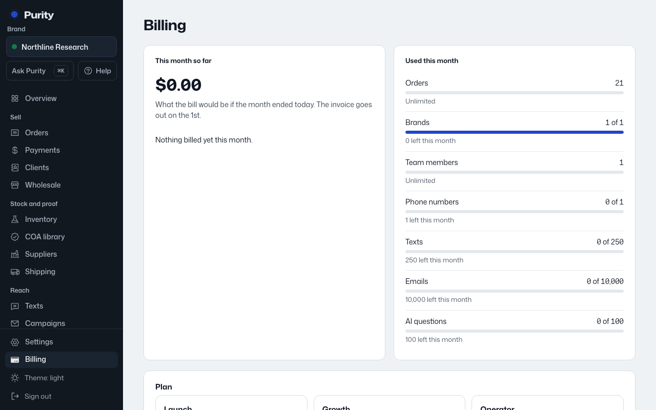 The Billing screen in Purity, with example data