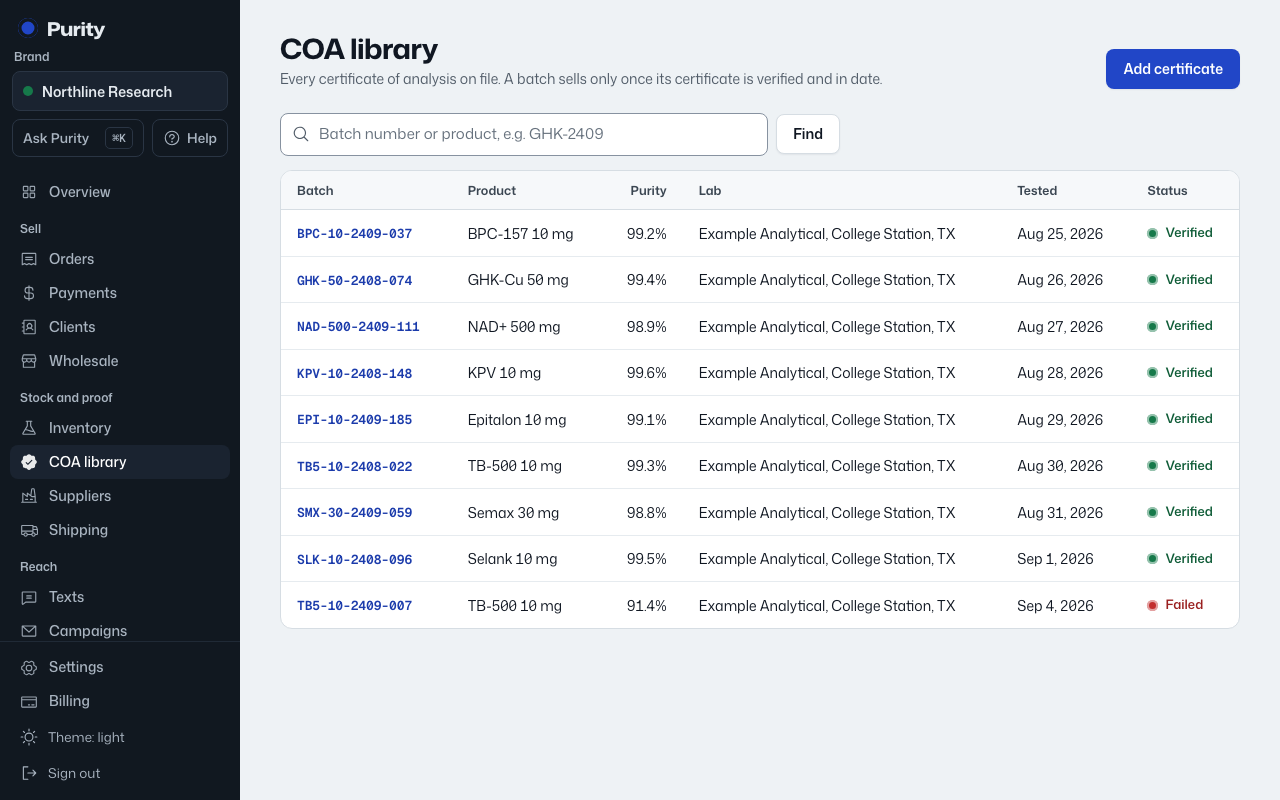 The COA library and release rules screen in Purity, with example data