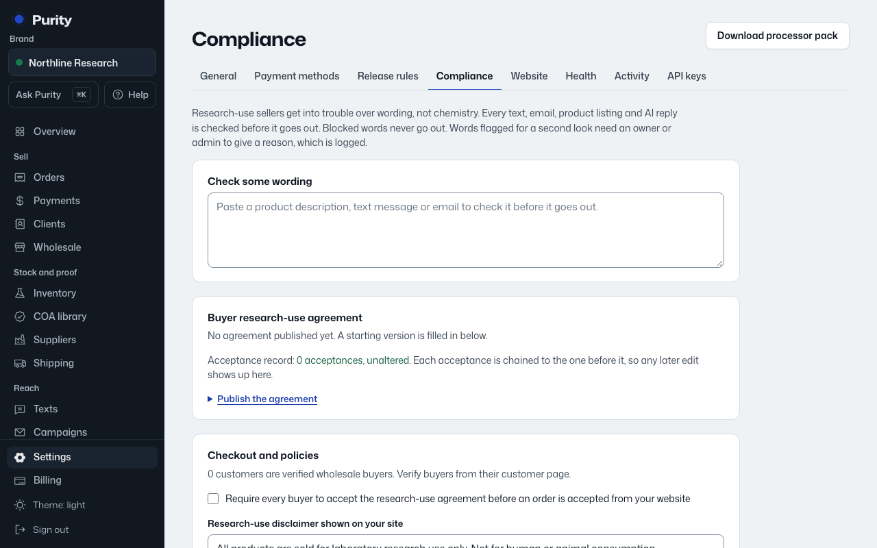 The Wording and compliance screen in Purity, with example data