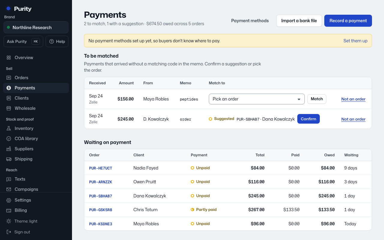 The Payments screen in Purity, with example data