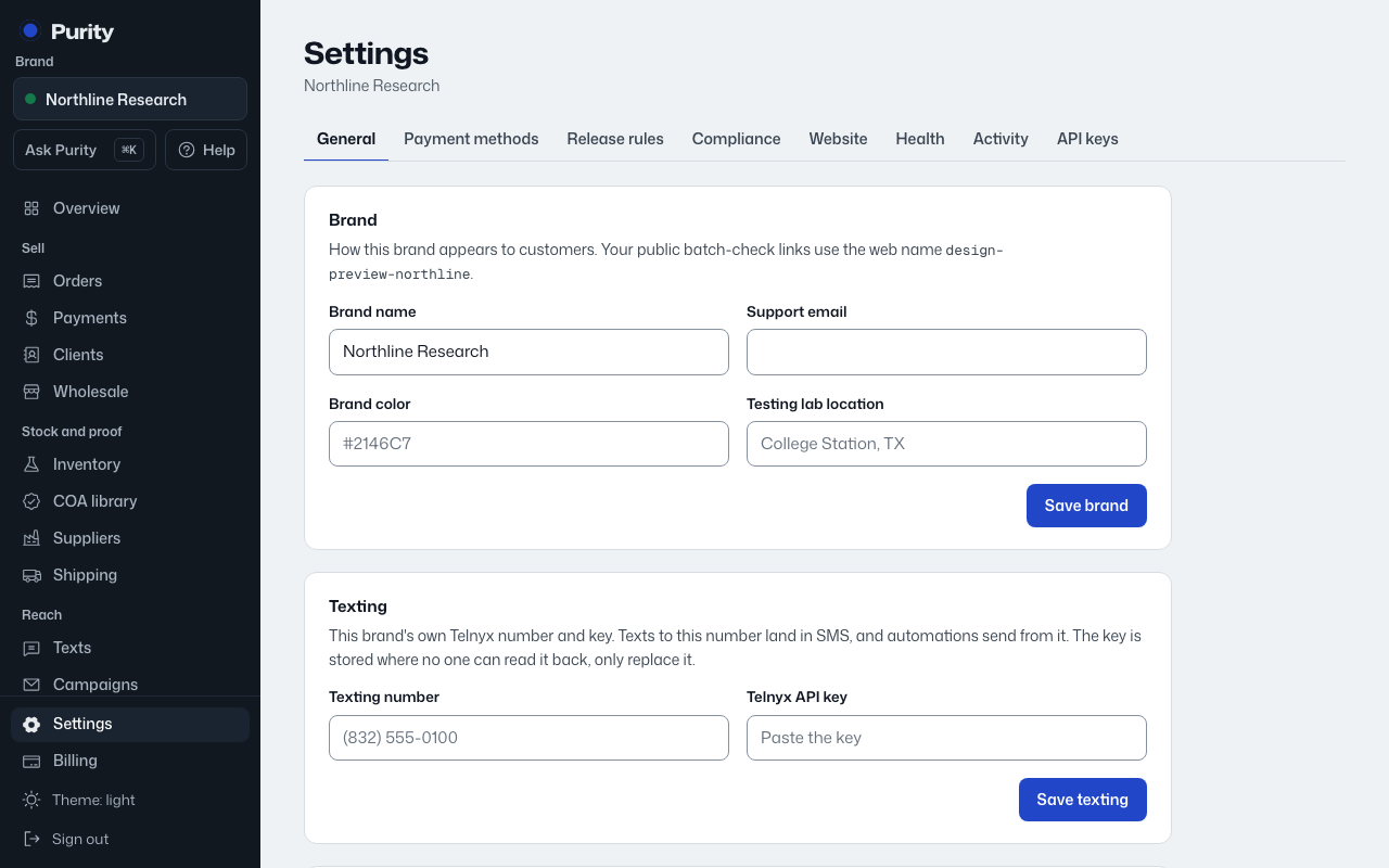 The Settings and team screen in Purity, with example data