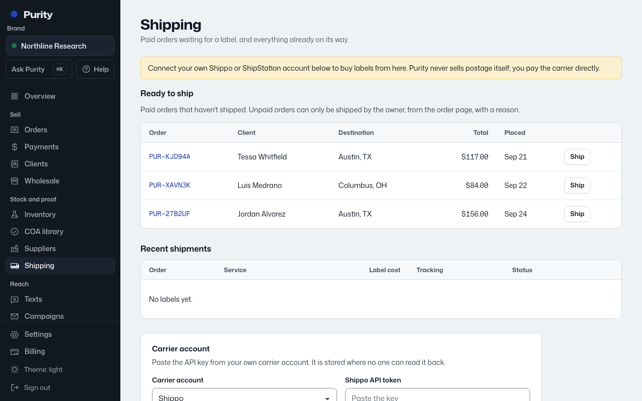The Shipping screen in Purity, with example data