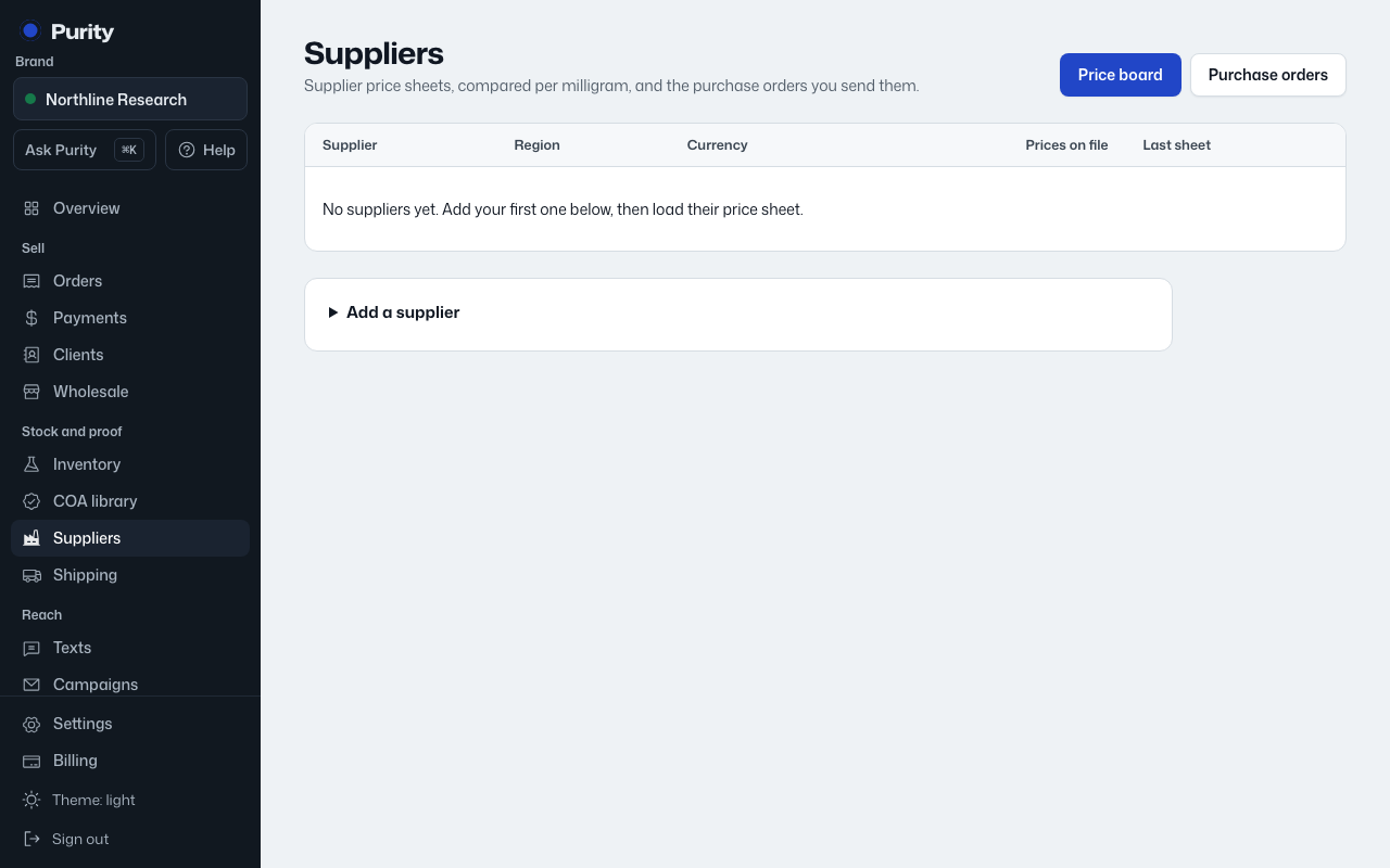 The Suppliers and purchase orders screen in Purity, with example data