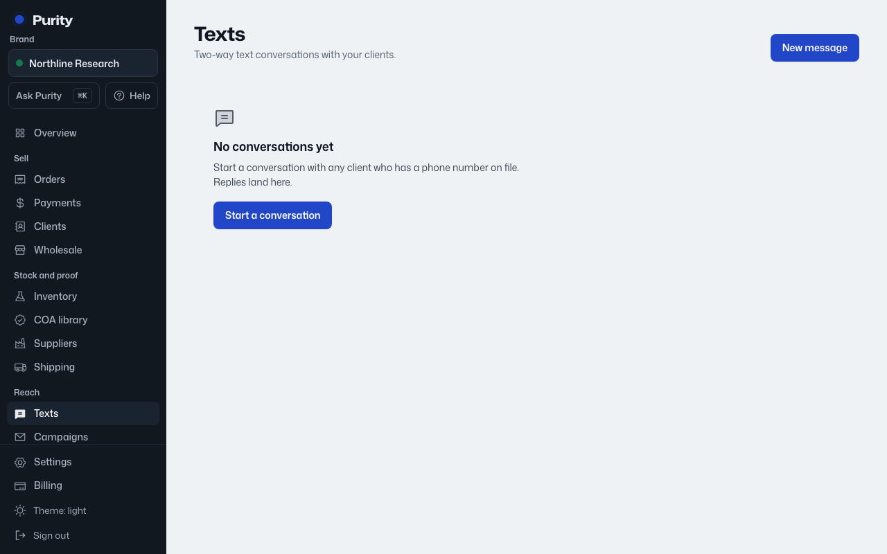The Texts screen in Purity, with example data