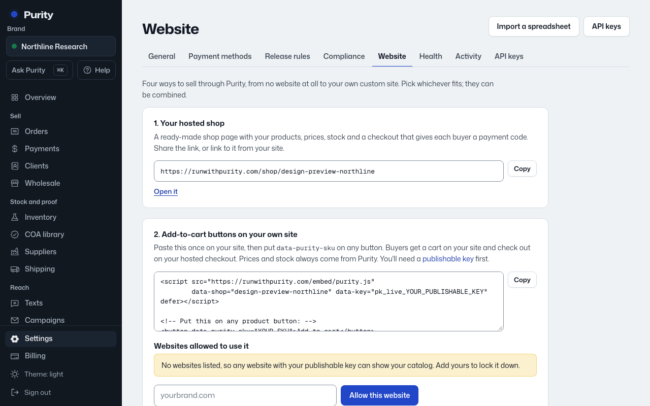 The Your website screen in Purity, with example data