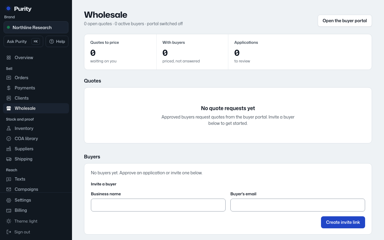 The Wholesale screen in Purity, with example data